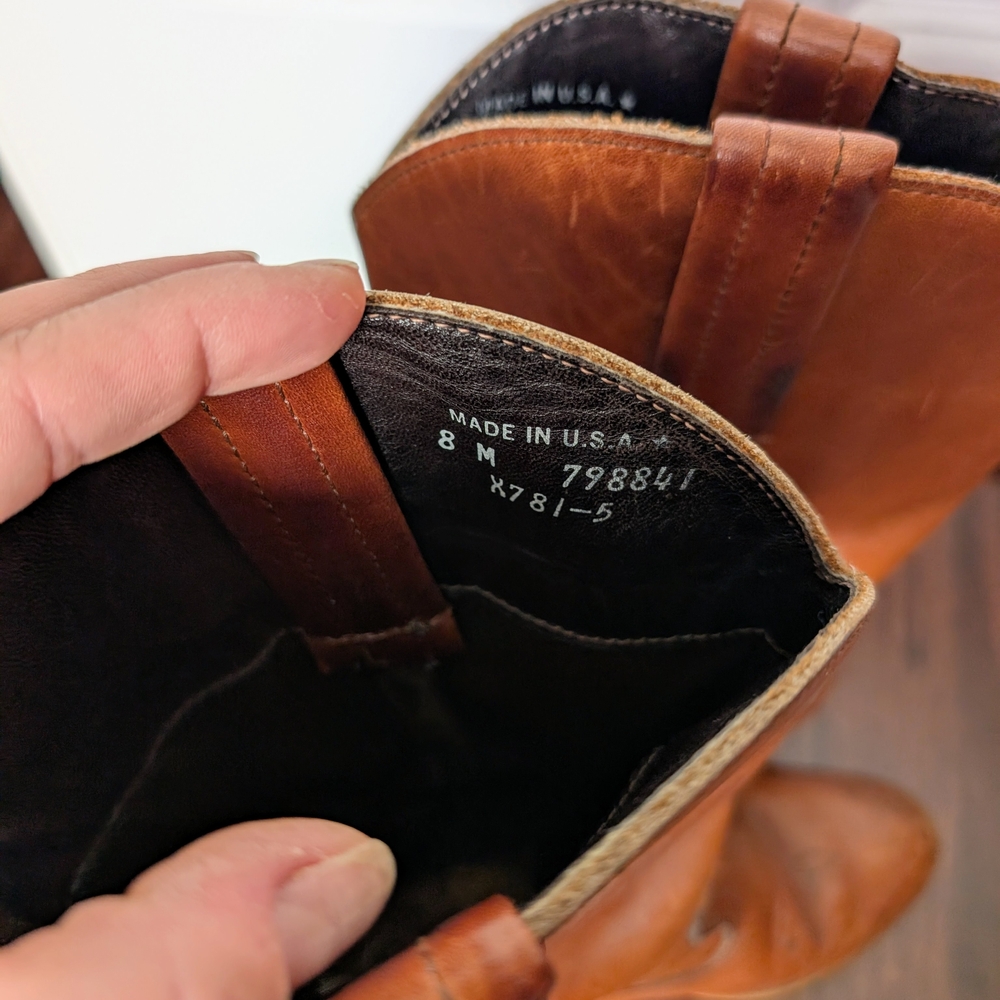 Vintage 70's Cognac Leather Dexter Stacked Heel Cowboy Boots Women's Size 8 - Picture 7 of 7
